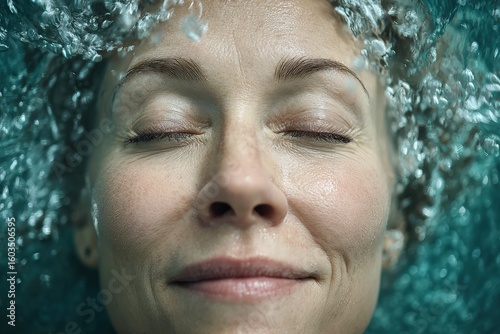 Serene Close-Up of Woman Relaxing in Water with Eyes Closed: Tranquility, Self-Care, and Rejuvenation