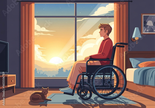 Flat vector illustration of a young man in a wheelchair watching the sunrise