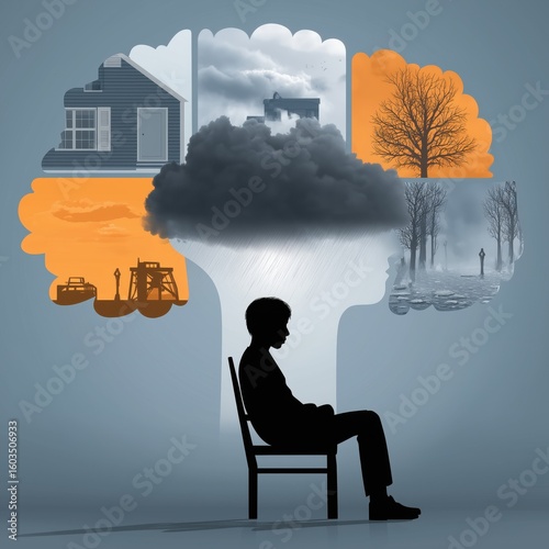 A silhouette of a boy sits inside a head shape, surrounded by scenes from his past home and environment, blending nostalgia with melancholy.