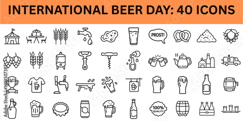 Icon set representing International Beer Day with various beer-related symbols  