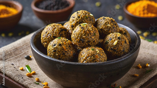 High protein energy balls with black lentils | Urad daal laddu, served in a bowl