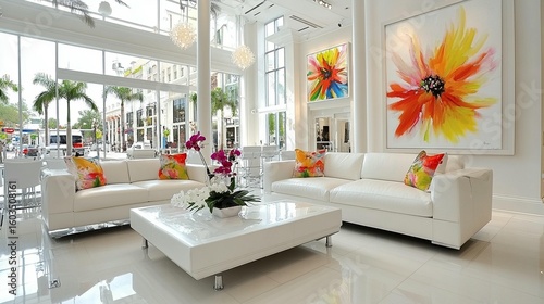 Modern, bright interior design showcasing a large white couch, coffee table, and colorful abstract art pieces.  Large windows offer city views
