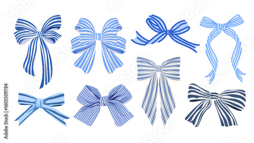 Hand Drawn Vector Collection of Vintage Coquette Blue and White Striped Bows  Illustrations