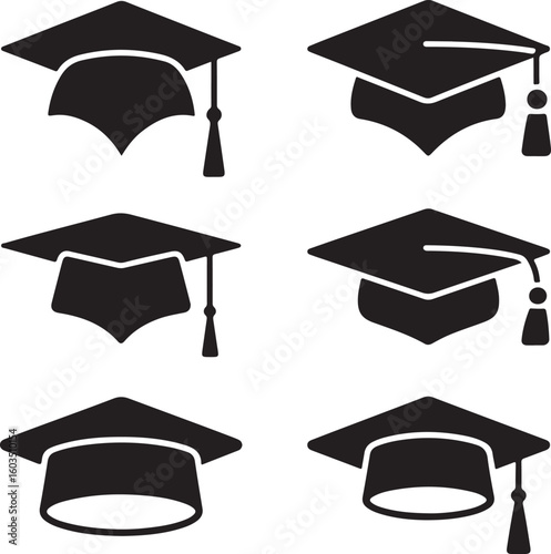 Graduation Cap Silhouette Icon Bundle Classic Education Vector Symbols on White Background