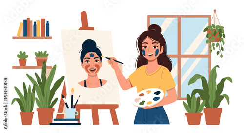 Joyful artist paints colorful portrait in sunlit studio surrounded by vibrant plants