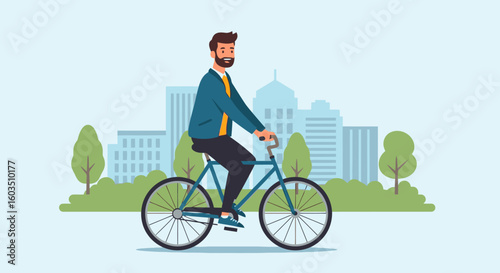 Happy man cycling through a vibrant city park on a sunny day