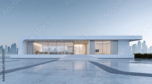 Modern  minimalist white house with expansive glass walls  situated on a flat rooftop overlooking a hazy cityscape at dawn