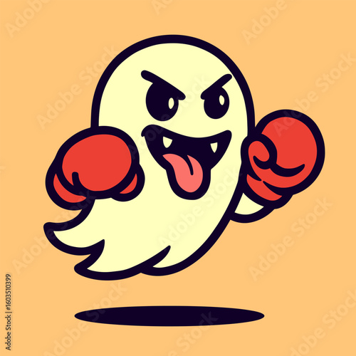 A funky ghost in boxing gloves stands ready in the ring with tongue out and cute sharp teeth showing, radiating spooky charm against a solid background.