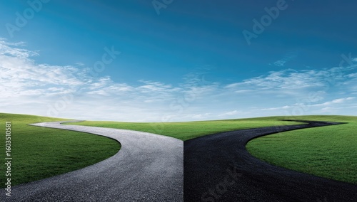 Two paths diverge on a grassy hill under a bright sky