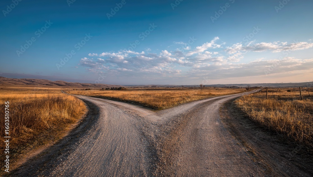 Fork in a rural dirt road at dusk under a clear sky Fork in a rural dirt road at dusk under a clear sky