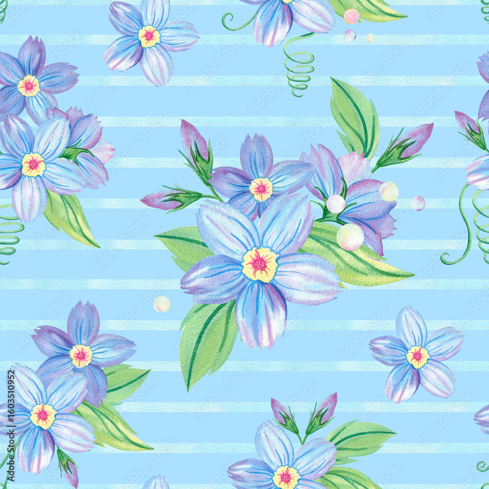 Obraz premium Seamless blue flower and green leaf pattern on striped background, dew, pearl, bubble. Forget-me-not endless backdrop. Hand drawn floral watercolor repeating illustration for textile, wrapping