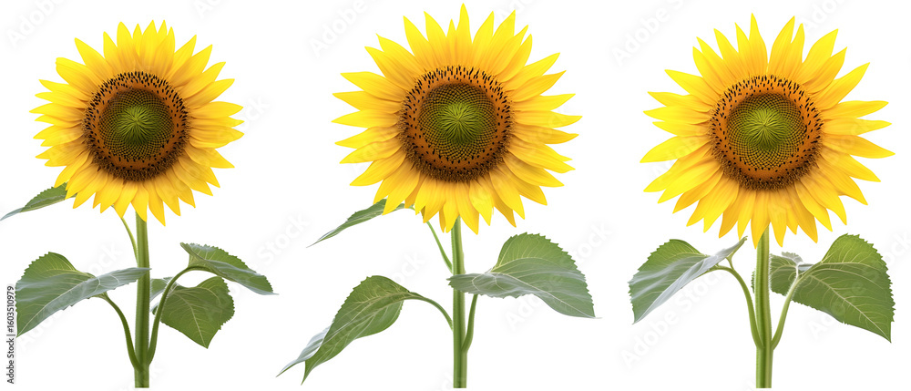 Obraz premium Three Sunflowers With Yellow Petals And Green Leaves Isolated Against Transparent Background