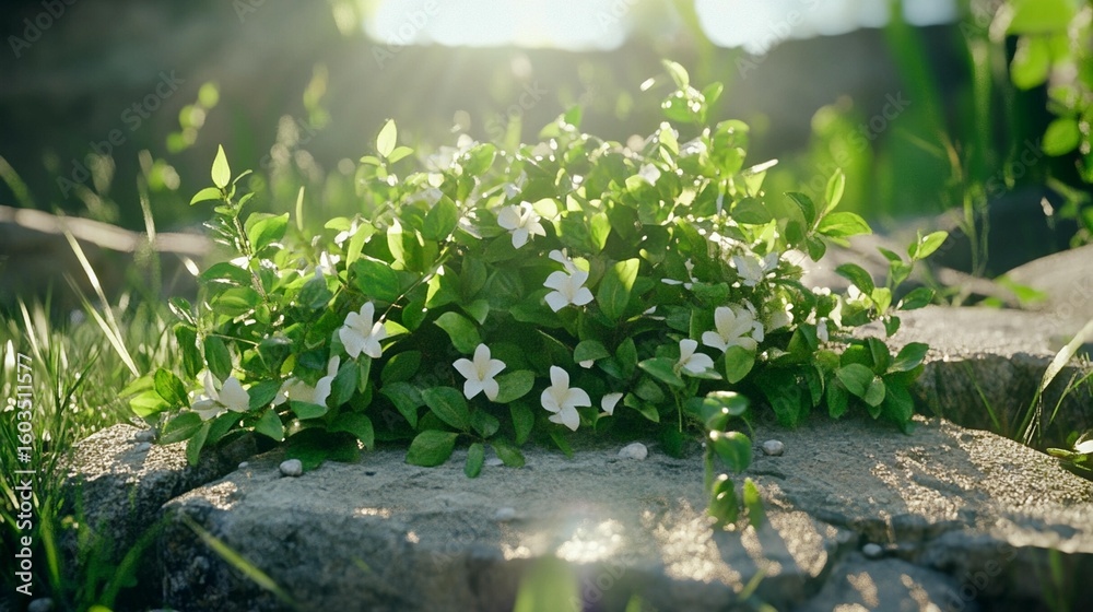 Naklejka premium Small cluster of white flowers and greenery on a rock, bathed in sunlight