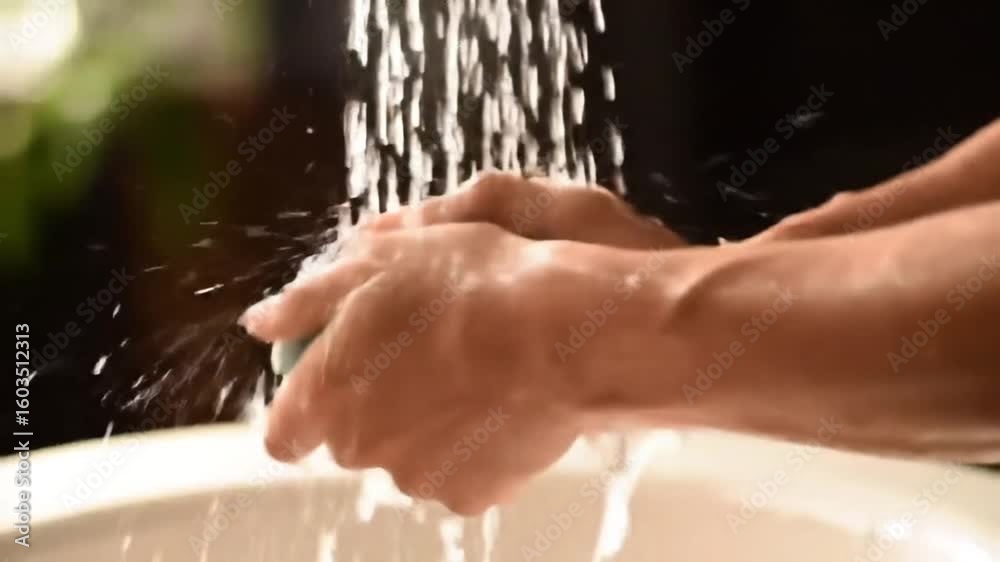 Close-up view of hands being thoroughly washed under a running faucet with clear water, emphasizing personal hygiene, cleanliness, and health care in a bright and minimal setting.