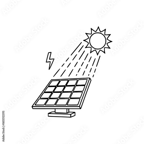 Minimal outline drawing of photovoltaic solar panel receiving sun rays and converting sunlight into eco-friendly electric energy