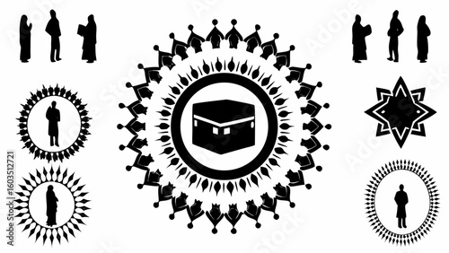 Illustration of islamic symbols with kaaba in center and silhouettes of people praying around it