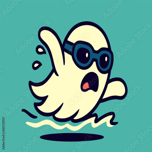 A cute ghost swims freestyle with ghostly trails in the water, wearing swim goggles and showing spooky charm against a flat backdrop.