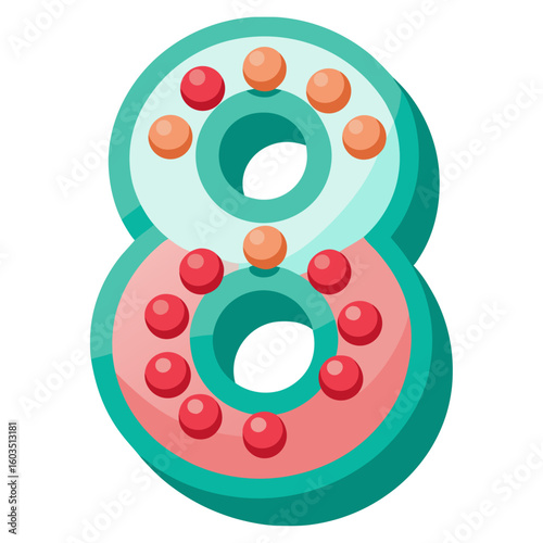 A playful, stylized illustration of the number eight, designed like stacked donuts with colorful frosting and sprinkles.