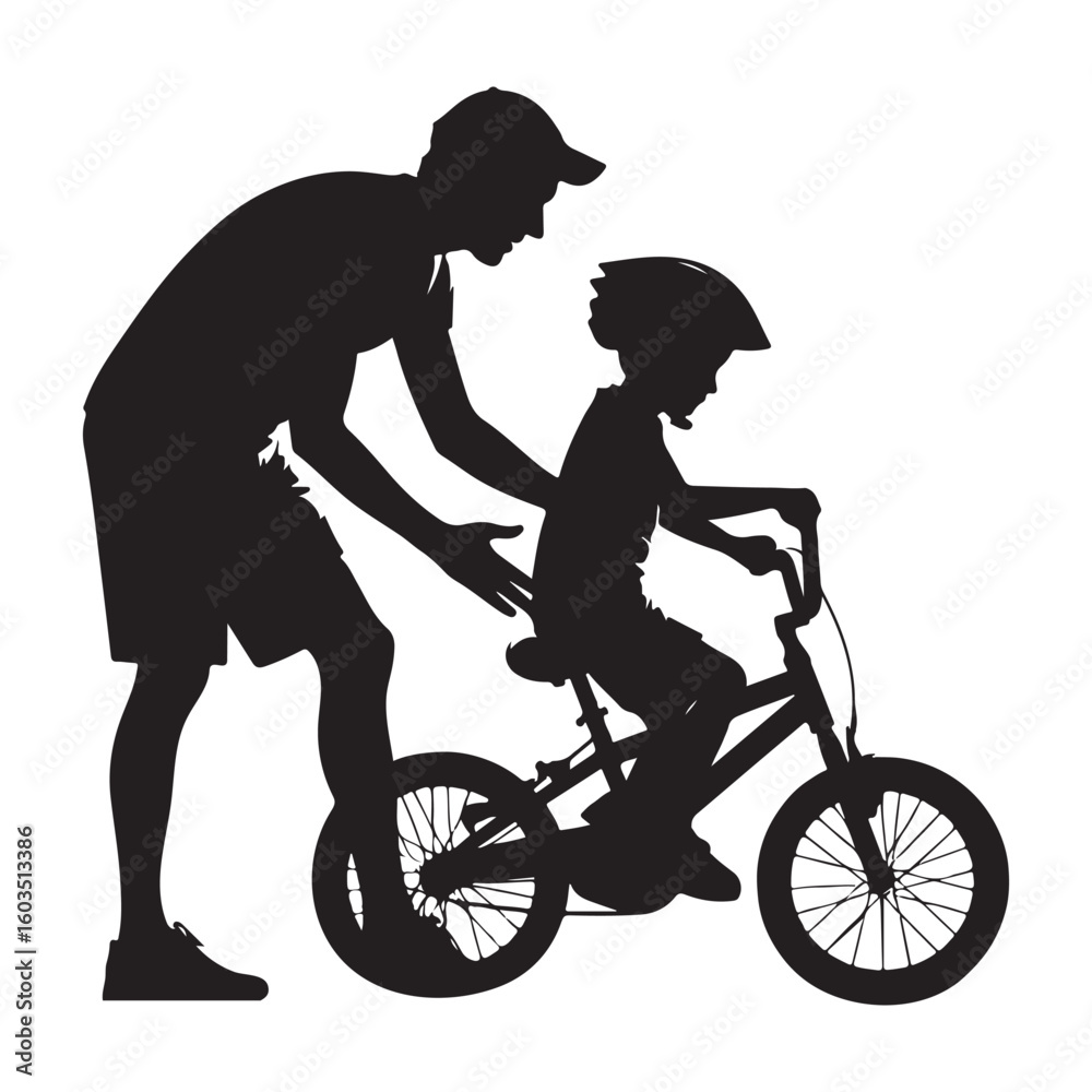 Fototapeta premium Supportive Father Silhouette Teaching Child to Ride A Bicycle