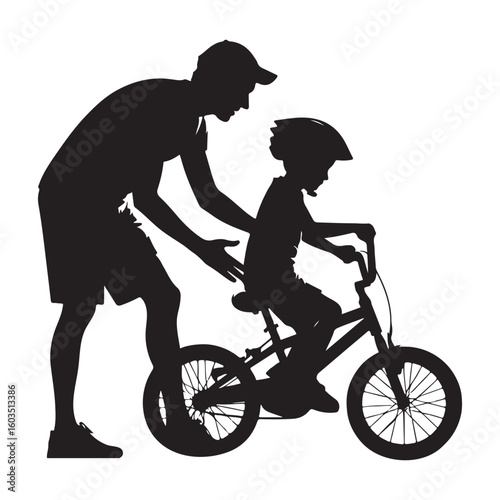 Supportive Father Silhouette Teaching Child to Ride A Bicycle