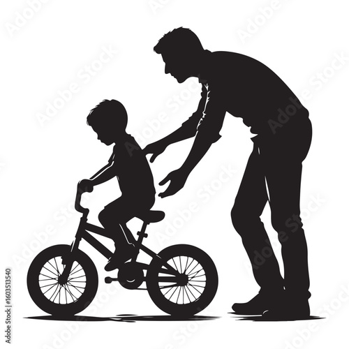 Father Teaches Child to Ride Bicycle Black Silhouette Illustration