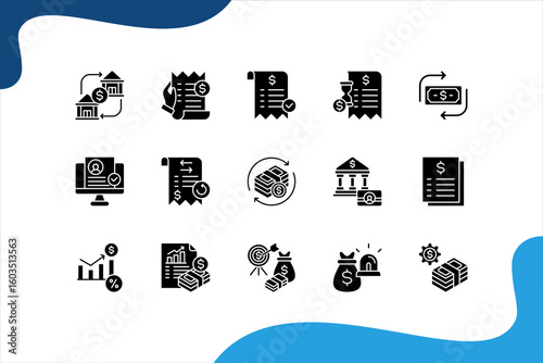Digital banking icon set with Digital wallet, Bank transfer, Bill payment, Payment approved, Payment pending, Money transfer.