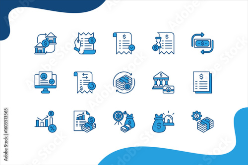 Digital banking icon set with Digital wallet, Bank transfer, Bill payment, Payment approved, Payment pending, Money transfer.