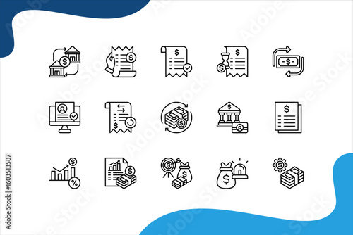 Digital banking icon set with Digital wallet, Bank transfer, Bill payment, Payment approved, Payment pending, Money transfer.