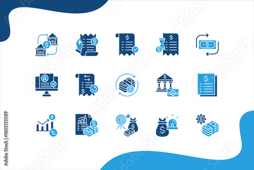 Digital banking icon set with Digital wallet, Bank transfer, Bill payment, Payment approved, Payment pending, Money transfer.