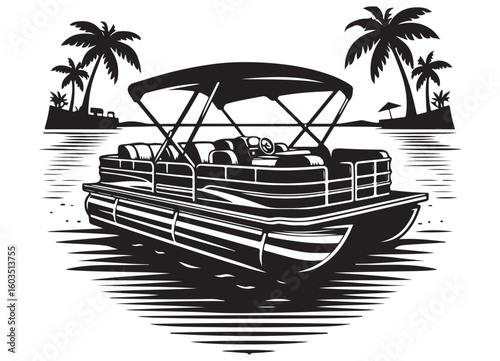 Relaxing Pontoon Boat Ride on the Lake Vector Illustration