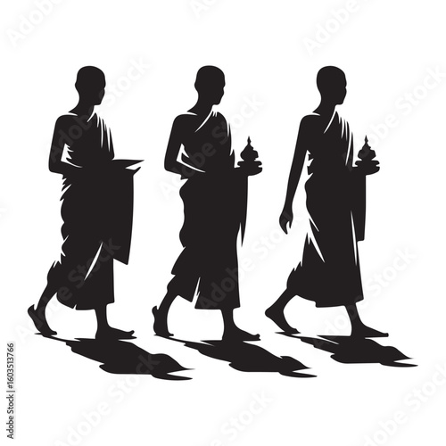 Buddhist Monks Walking in Silhouette: Serenity and Spiritual Journey