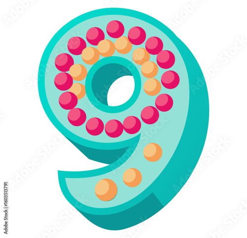 A vibrant, stylized illustration of the number nine, adorned with pink and orange dots on a teal background.