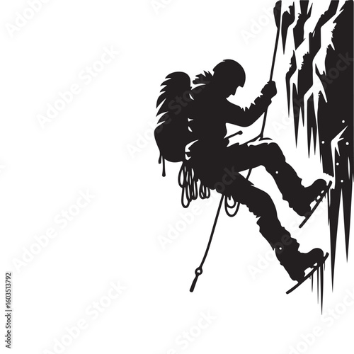Silhouette Art of Climber Ice Climbing Down Ice Wall
