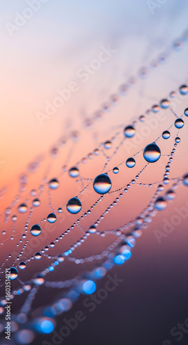 A hyper-realistic macro shot of delicate water droplets on a glowing spiderweb at dawn, refracting a rainbow and showing nature's intricate beauty.