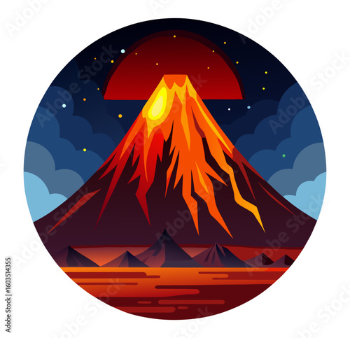 A striking circular illustration depicting a vibrant, erupting volcano at sunset or sunrise, with flowing lava and a starry sky.