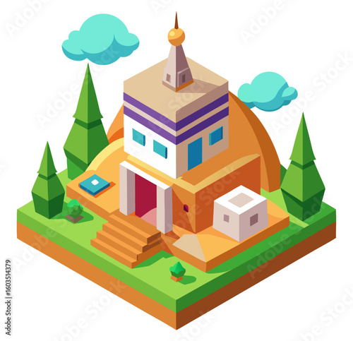 A charming isometric illustration of a colorful, stylized building with a spire, surrounded by green trees and hills.