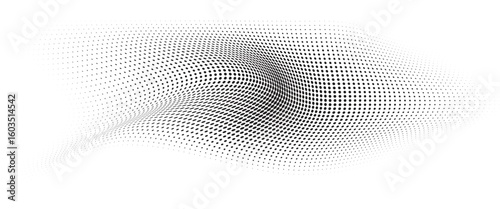 Flowing Wave Dot Halftone Pattern: Curve Gradient Shape on Transparent Background. Suitable for AI, Tech, Network, Digital, Science, and Technology Themes.