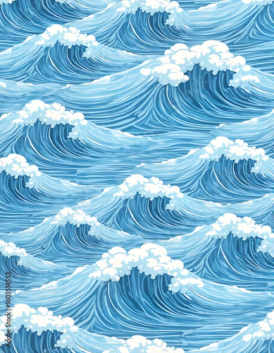 A repeating pattern of stylized ocean waves with whitecaps, rendered in shades of blue, creating a dynamic and textured surface.