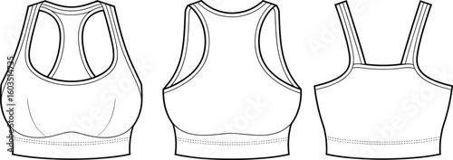 CAD drawing flat vector illustration, technical sketch of women's sports bras, front and back views, detailed activewear apparel fashion design template