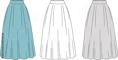 Elegant long skirts fashion template, flat vector CAD drawing, technical garment illustration for apparel design, stock photography, stylish clothing art