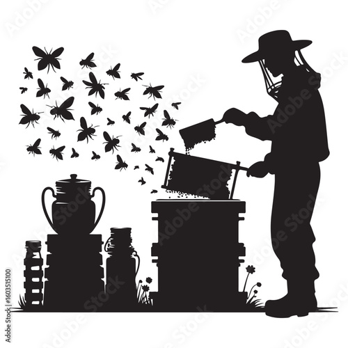Beekeeper Silhouette Working with Bees and Honeycomb Frames