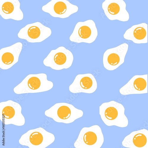 Fried Egg Seamless Pattern on Blue Background
