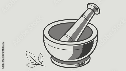 Vintage Mortar and Pestle Illustration with Herbs.