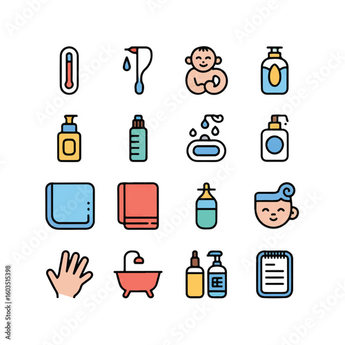 Collection of cute cartoon baby bath time icons including thermometer soap shampoo lotion towel and bathtub