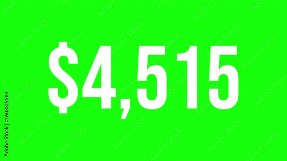 Fast dollar number count from 0 to $9000 with white ink drops on a green background Fast dollar number count from 0 to $9000 with white ink drops on a green background