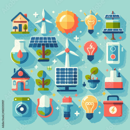 A flat vector icon set themed around renewable energy