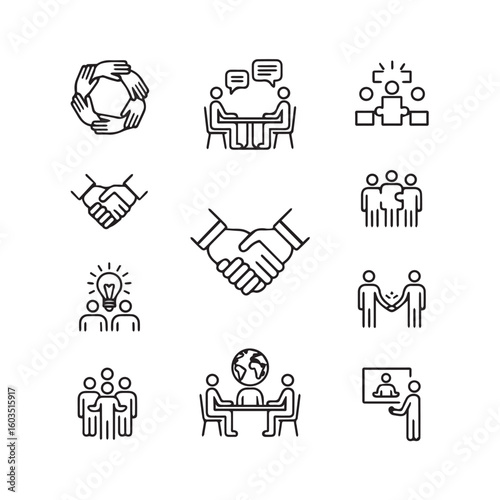 Collection of hand drawn business icons representing teamwork collaboration and successful partnerships in a modern professional setting