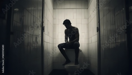 Wallpaper Mural Black and white photo of man sitting on toilet in dark bathroom mental health concept Torontodigital.ca