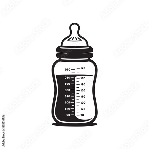 Simple black and white illustration of a baby bottle with milk and measurement markings on a white background