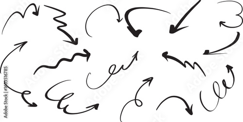 A collection of hand drawn doodle arrows in sketch style. Various arrow shapes including curved, zigzag, spiral, and loop arrows. Perfect for infographic, presentation, note design, or digital content
